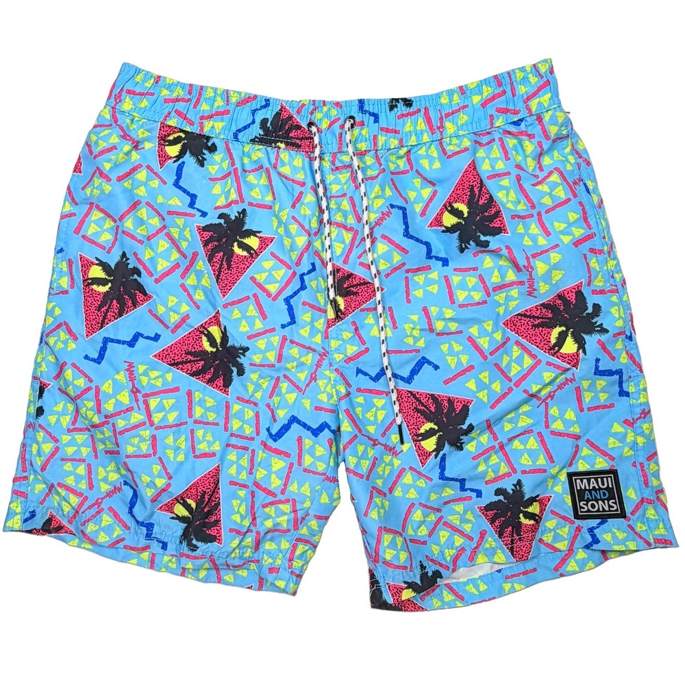 Maui and Sons Men's XL Blue Neon Swim Trunks Retro 80s Palm Tree Surf